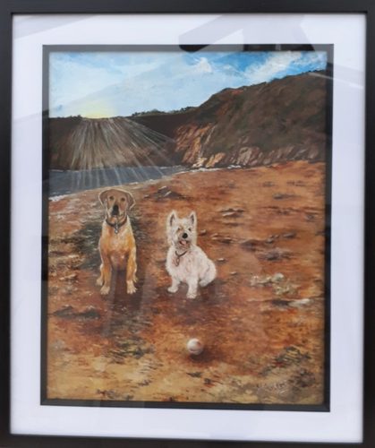 Maggie, Monty & Oscar on holiday down south, acrylic .